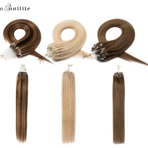 S-noilite 16"-24" Non-Remy Human Hair 100Strands Straight Micro Bead Loop Ring Hair Extension Black Bleach Blonde 0.5g Hairpiece
