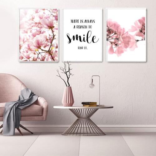 Scandinavian Flower Canvas Poster Pink Magnolia Floral Print Painting Nordic Smile Quote Wall Picture Modern Living Room Decor