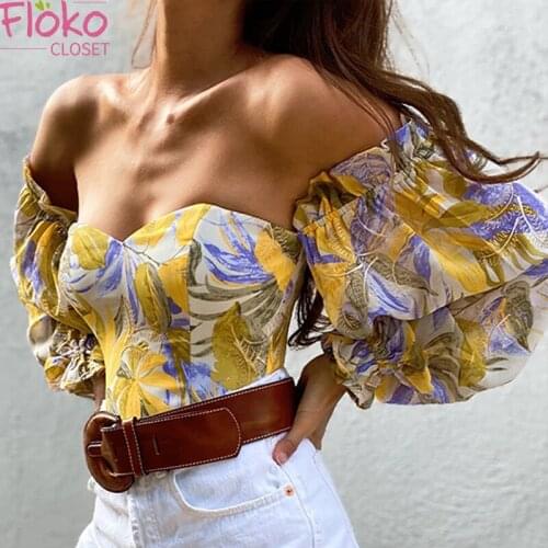 Flokocloset Sexy Off Shoulder Wrapped Chest Print Chiffon Blouse Slash Neck Lantern Sleeves Shirt Blusa Women Tops