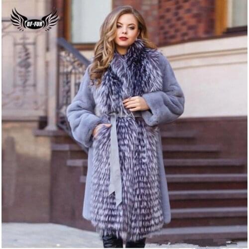 BFFUR Fashion Women Real Mink Fur Coat With Sliver Fox Fur Collar Long Natural Genuine Mink Fur Jacket Winter Woman Outwear 2019