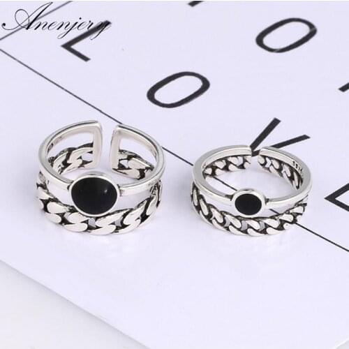 ANENJERY 925 Sterling Silver Punk Thai Silver Double Layer Chian Adjustable Rings Old Index Finger Rings For Women S-R288