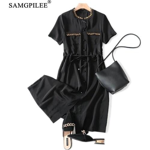 Summer Clothes For Women 2021 Office Lady Dress A-line Solid Short Sleeve Beading Korean Style Dress O-neck Dresses For Women