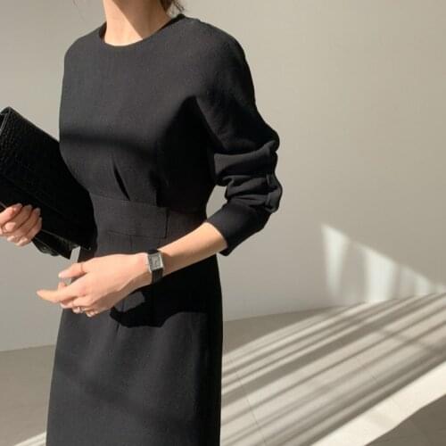 Korean Chic Temperament Autumn O Neck Wrap Hip Split Black Long Sleeve Dress Vestido Feminino Fashion Slim Waist Fashion Wild