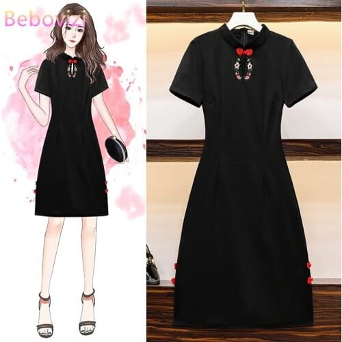 2020 M-4XL Plus Size Vintage Black Embroidery Chinese Traditional Qipao Casual Party Women Midi Dress Summer Cheongsam Dresses