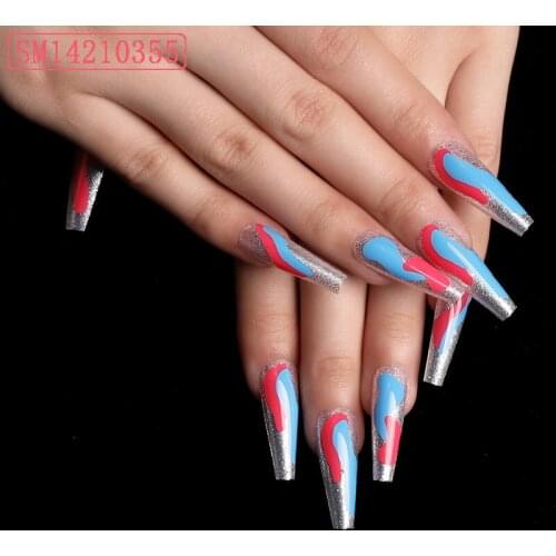 24pcs Nail Patch Red Blue White Graffiti Glue Type Removable Long Paragraph Fashion Manicure False Nail Patch SK88