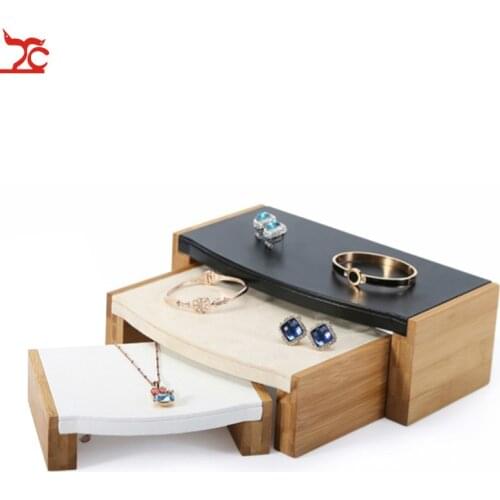 Lot of 3pcs Bamboo Wood Jewelry Display Blocks Leather Jewelry Display Holder Earrings Pendant Bangle Bracelets Display Riser