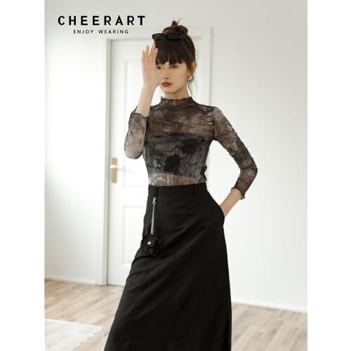 CHEERART Tulle Transparent Top Long Sleeve T Shirt Women Abstraction Print See Through Ladies Top Women 2020 Clothing