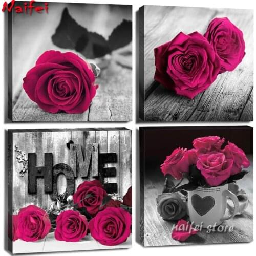 Black And White Wall Art Modern Artwork Dark Pink Flowers Squad Diamond Embroidery Square Diamond Mosaic Cross Stitch Kits