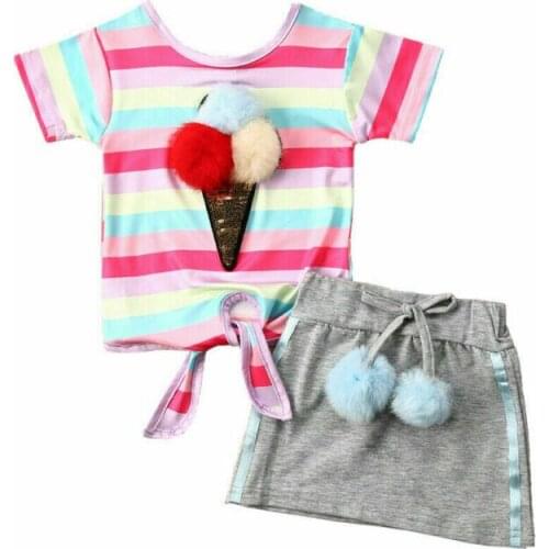 2pc Kids Baby Girls Summer Holiday Dress Striped sleeve Blouse Tops+ Skirt Set