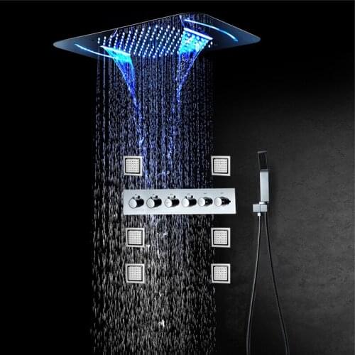 Sliding Bar Bathroom Shower Sets Rainfall Showerhead 38°C Thermostatic Brass Shower Faucets Valve Touch Control Light Showers