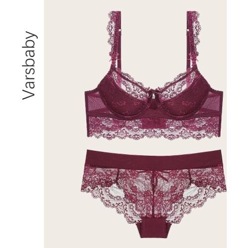 Varsbaby fashion sexy lace underwear thin cup push up lingerie hollow bow plus size 32ABCD-42CD bra set