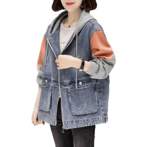 New Womens Denim Jacket Loose Short Spring Autumn Hooded Sweater Stitching Fake Two-piece Outerwear Tide Female Bomber Jackets