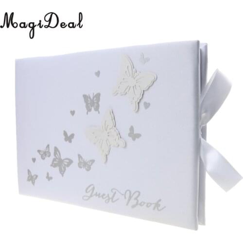 MagiDeal High Quality Wedding Guest Book Butterfly Bowknot White Satin Elegant Ceremony Party Gift for Engagement Party Supplies