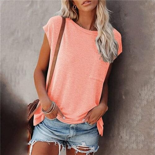 Solid Tops Tee Shirts Women Pocket T-shirt 2021 Summer Casual O-neck Loose Short Sleeve Female Soft Tops Mujer Camisetas
