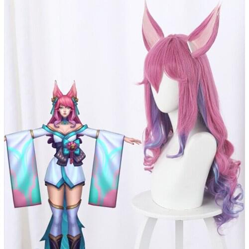 Game LOL Ahri Cosplay Wig Spirit Blossom Cosplay 70cm Long Mixed Color Loose Wave Wigs Heat Resistant Synthetic Hair+Net