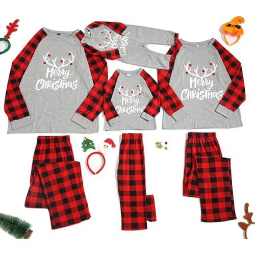 Cartoon Deer Full Sleeve and Red Black Plaid Pajama Set Merry Christmas Family Matching Outfit Mother and Daughter Clothes Suits