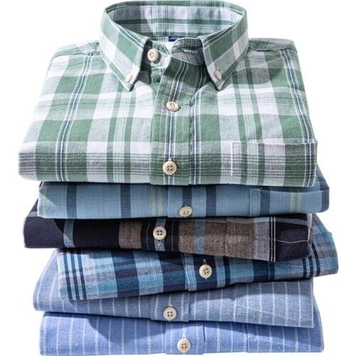 High Quality Cotton Linen Plaid Casual Shirts For Men Long Sleeve Regular Fit Button Collar Shirt Comfortable Breathable