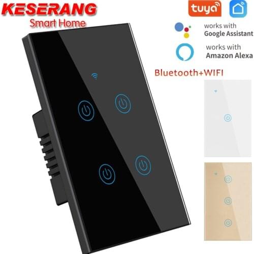 KESERANG Tuya WIFI Smart Switch US 1-2-3-4 Gang Switch WIFI + Bluetooth,Crystal Glass Panel,Voice Control by Google Home Alexa