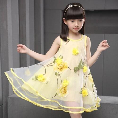 Loose Little Girl Wearing Floral 2018 Girl Sleeveless Beach Kid Girl Dress Green Yellow Kid Dress