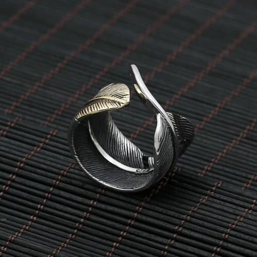 Takahashi Kagura Goro Retro Thai Silver Jewelry High End Simple S925 Sterling Silver Inlaid Gold Feathers Open Ended Male Ring
