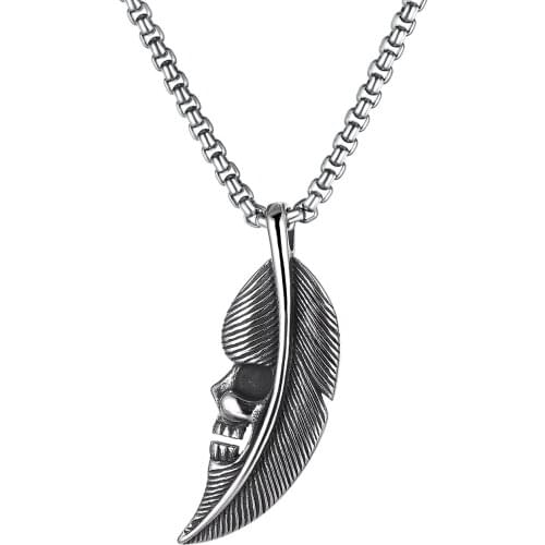 Vintage Feather Skull Mens Pendant Necklace Punk Fashion Stainless Steel Streetwear Hip Hop Rock Jewelry Cool Stuff Necklaces