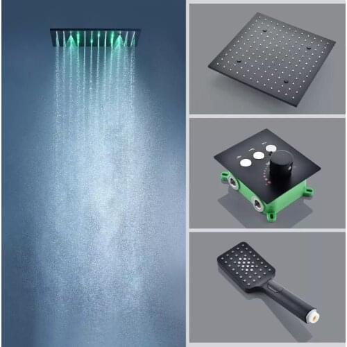 High Quality Plating Black Stainless Steel 304 LED Shower Head Set With Button Thermostatic Valve Matte Black Shower Faucet Set