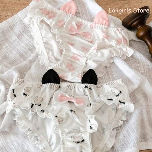 Japanese Cartoon Print Panties Underwear female Girls Cute Milk silk Sweet Bowknot Ruffle Rabbit Ear Mid Waist Kawaii Briefs