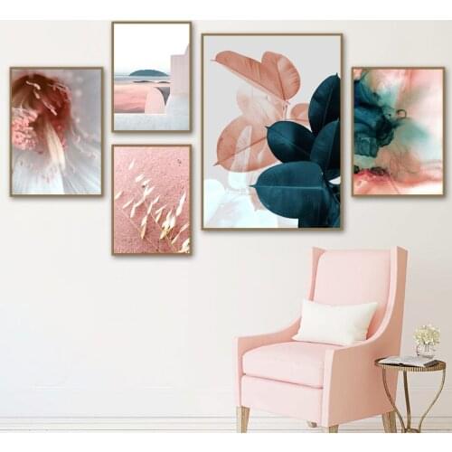 Green Plant Leaves Pink Flower Sea Beach Wall Art Canvas Painting Nordic Posters And Prints Wall Pictures For Living Room Decor