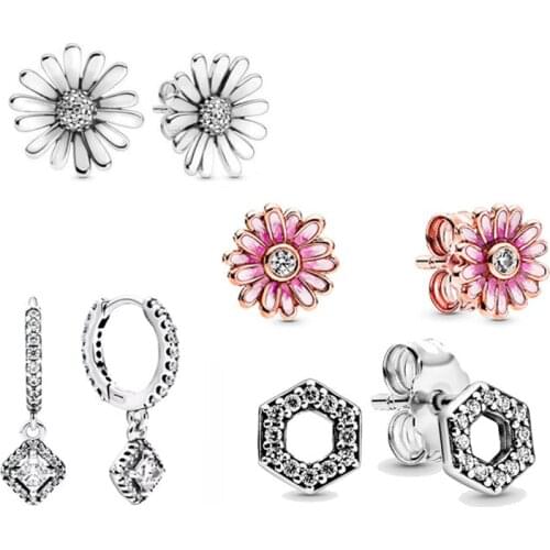 Flower Square Sparkle Honeycomb Hexagon Pan Earring 925 Sterling Silver Earring Studs For Women Gift Diy Jewelry