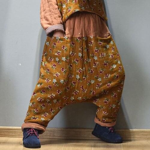 Johnature Women Vintage Thick Cross Pants Elastic Waist Trouser 2020 Pockets Cotton Linen Patchwork Print Floral Female Pants