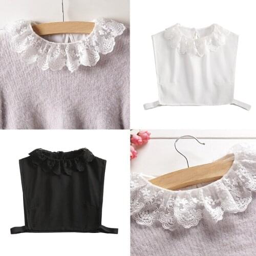 Women Spring Chiffon Detachable Fake Collar Dickey Embroidery Floral Lace Lapel Half Shirt Decorative Crop Top Necklace