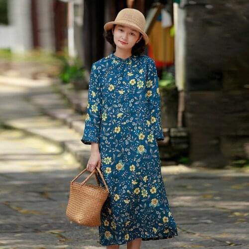 Women Linen Printed Qipao Dress Ladies Loose Dresses Female Print Flax Dress 2020 Autumn Dress