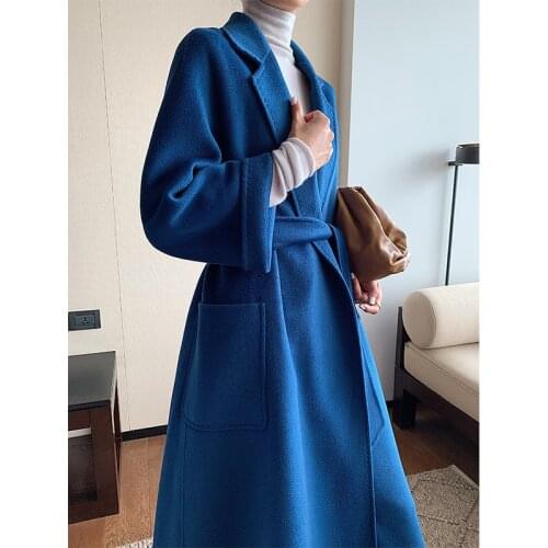 2020 Turn Down Collar With Belt Design 100�shmere Blue Long Women Woolen Coat Casaco Feminino