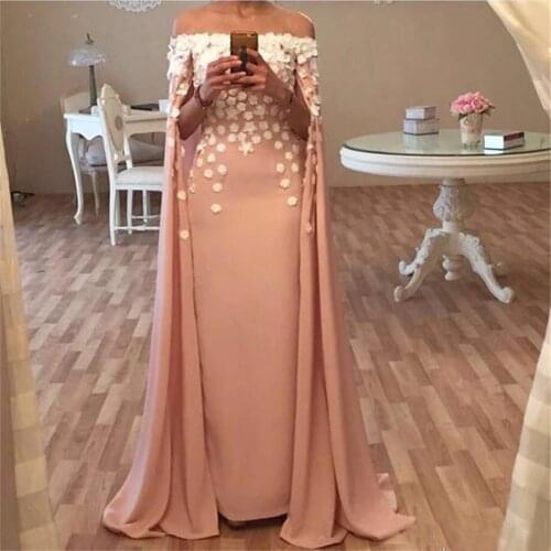 Dubai Kaftan Robes Boat Neck Long Champagne Evening Dresses With Cape 3d Flowers Appliques Saudi Arabia Prom Gown