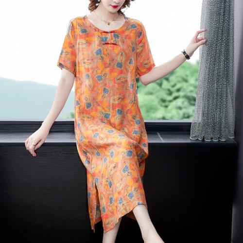ZUOMAN New Spring Summer Women Silk Dresses Womens Fashion Loose O-Neck Print Flower Dress Plus Size 4XL Vestidos