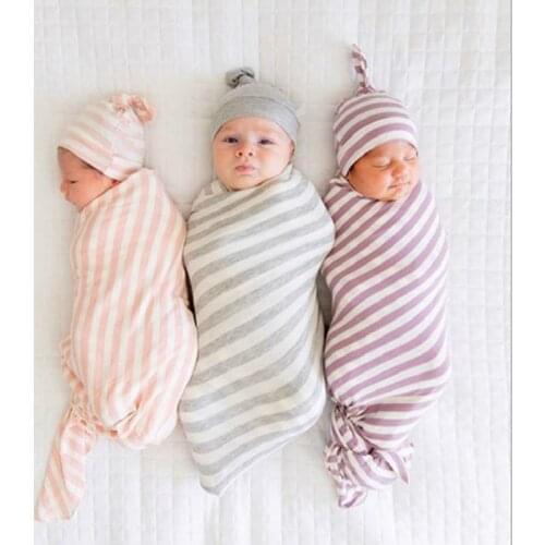 2pcs/set Baby Swaddle and Beanie New born Blanket Stripe style Infant Wrap Swaddle