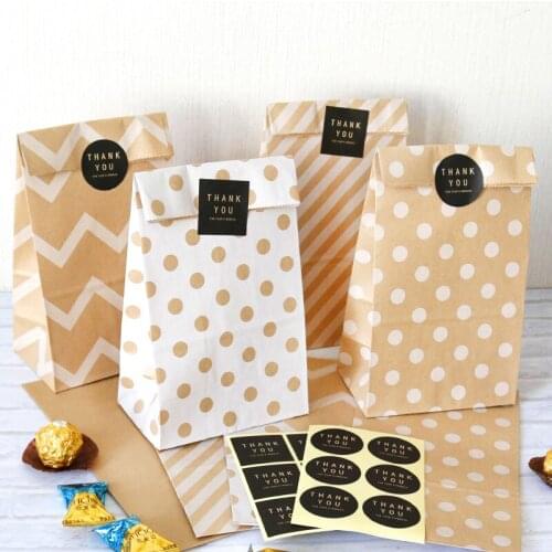 5pcs/set Dot Striped Kraft Paper Bag Retro Creative Gift Bag Biscuit Baking Packaging Paper Bag with Stickers