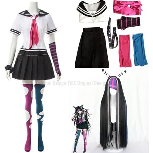 7PCS Ibuki Mioda Cosplay Custome Dangan Ronpa 2 Goodbye Despair Shirt Skirt Long Wig School Girl JK Uniform Set Halloween C80C07
