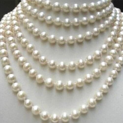 Fashion jewelry making long chain necklace 8-9mm natural white freshwater cultured round pearl beads party gifts 100inch MY4530