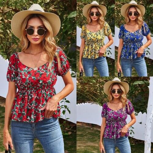 Women Blouse Floral Print Square Collar Elastic Waist Female Shirt Summer Fashion Office Lady Slim Top Blusas Mujer