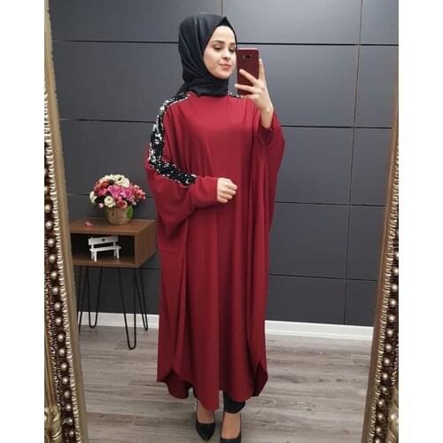 Dubai Ramadan Islamic Clothing Muslim Dress Women Turkey Long Robe Kimono Sequin Ethnic Style Seven-point Sleeve Wild Dresses