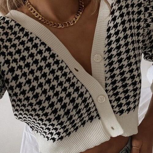 Elegant Chic Houndstooth embroidery Retro Crop Top Cardigan Women V Neck korean Fashion Sweater y2k Casual Sexy Womens sweater