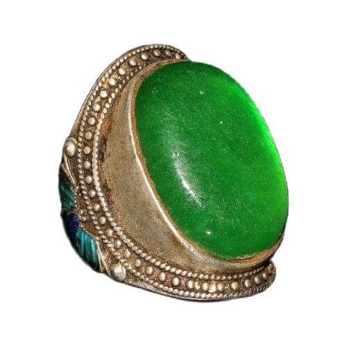 China Old Tibetan Silver Burning Blue Inlaid Emerald Ring Ornament