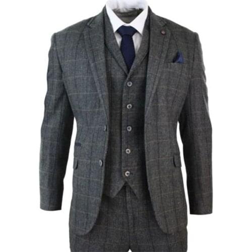 Newest Tuxedos Tweed Slim Fit Grey Herringbone Check 3 Piece Set Wedding Suits For Mens Groomsman Formal Jacket+Vest+Pants 2021