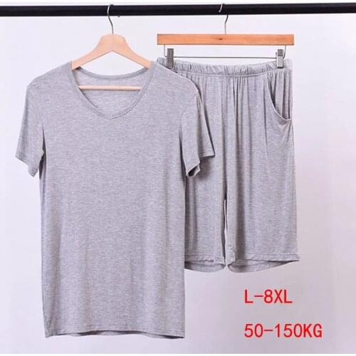 Summer Home Wear Set Plus Size 7XL 8XL 50-150KG Men Modal Pajamas Sets Soft Casual Sleep Wear Short Sleeve Top and Shorts