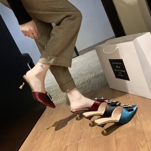 Women Slippers Summer Transparent Spike High Heels Mules Slippers Patent Leather Metal Buckle Pointed Toe Ladies Shoes Footwear