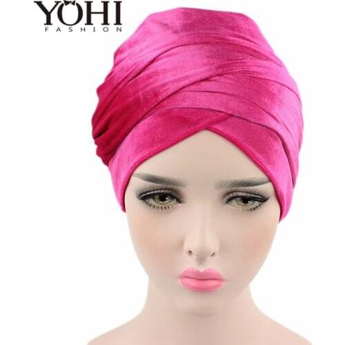 Fashion Hot sale Style Velvet Long Turban Tail Cap Wrapped Head Muslim hijab Scarf Hat Headwrap Scarf for women