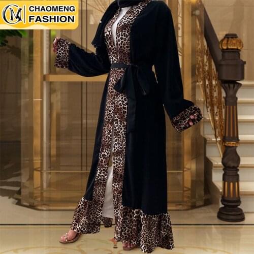 Ramadan Arab Kaftan Muslim Fashion Woman Robe Front Open Kimono Cardigan Leopard Print Dubai Abaya Turkey Islamic Clothing