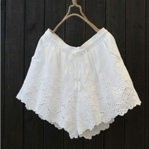 TEELYNN loose flare Elastic waist boho beach women 2020 white cotton lace shorts floral embroider loose casual summer short pant