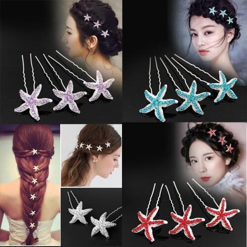 5 PCS Starfish Hair Clips U Shaped Barrette Hair Sticks Wedding Bridal Hair Pins Women Ladies Girls Crystal Hair Accessories